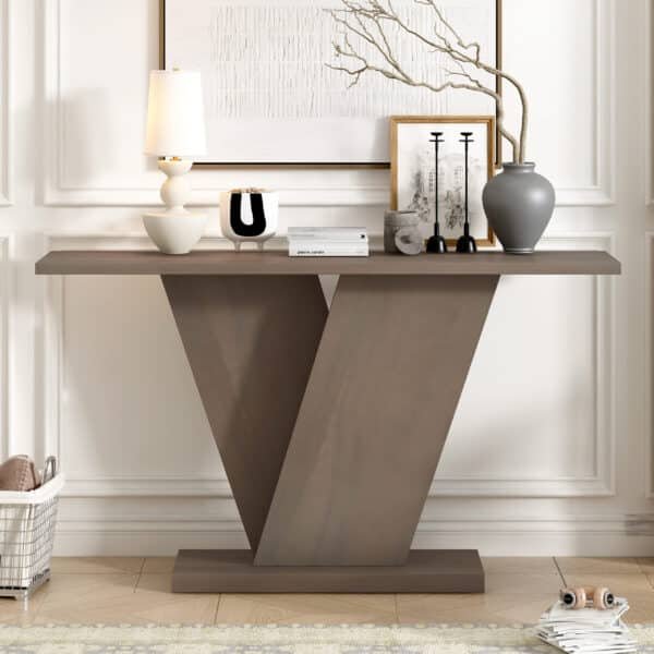 Natural Wood Veneer Console Table with V-Base Design - Minimalist Style