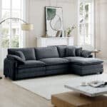 Grey Corduroy L-Shaped Sectional Sofa with Ottoman - Retro Style - Image 2