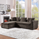 Chenille L-Shaped Sectional Sofa with Wooden Storage Compartment - Brown - Image 9