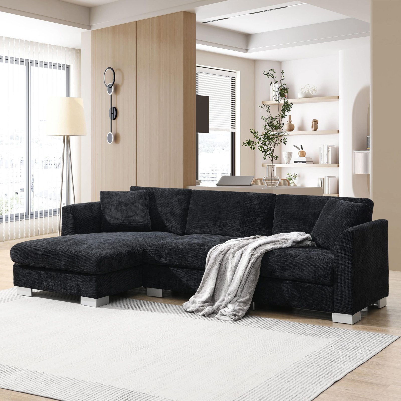 Chenille L-Shaped Sectional Sofa with Oversized Chaise and 2 Pillows - Available in 3 Colors