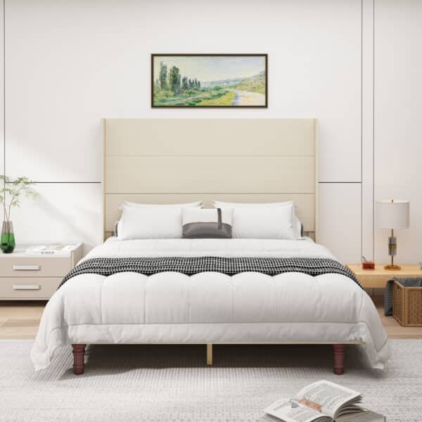 Beige Upholstered Queen Bed with High Headboard for Comfort and Support
