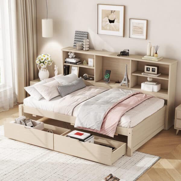 Particle Board Twin Size Bed Frame with Side Bookshelves and Built-in USB Port - Natural