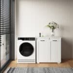 White Wooden Laundry Cabinet with Dual Sorting Hampers - Space-Saving Organizer - Image 3