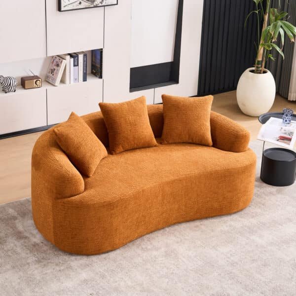 Chenille Curved Loveseat with 3 Pillows - Orange