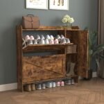 Rustic Brown Freestanding Shoe Storage Cabinet with Adjustable Shelves and Metal Legs - Image 8