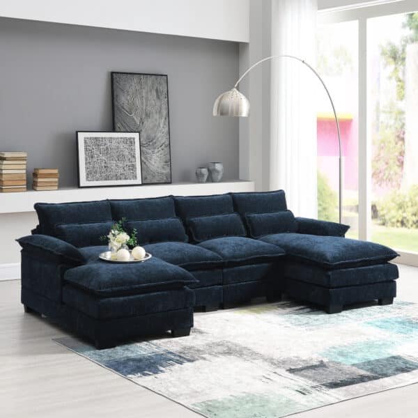 Chenille U-Shaped Modular Sofa with 4 Lumbar Pillows - Comfy Cloud Couch for 6 - Available in 5 Colors