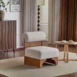 Boucle Lounge Chair with Rolled Backrest - Warm Wood Finish - Image 3