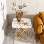 Marble Pattern MDF Square Side Table with Gold Stainless Steel Base - Contemporary Design