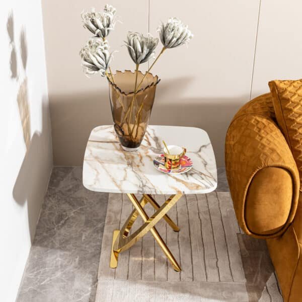 Marble Pattern MDF Square Side Table with Gold Stainless Steel Base - Contemporary Design