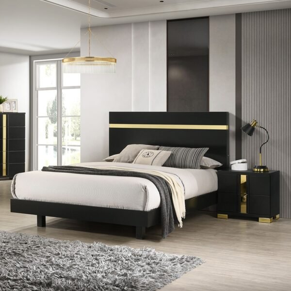 Modern Black 3pc Bedroom Set Queen Size Bed w LED 2x Nightstands Mattress Ready Furniture Acrylic Trim