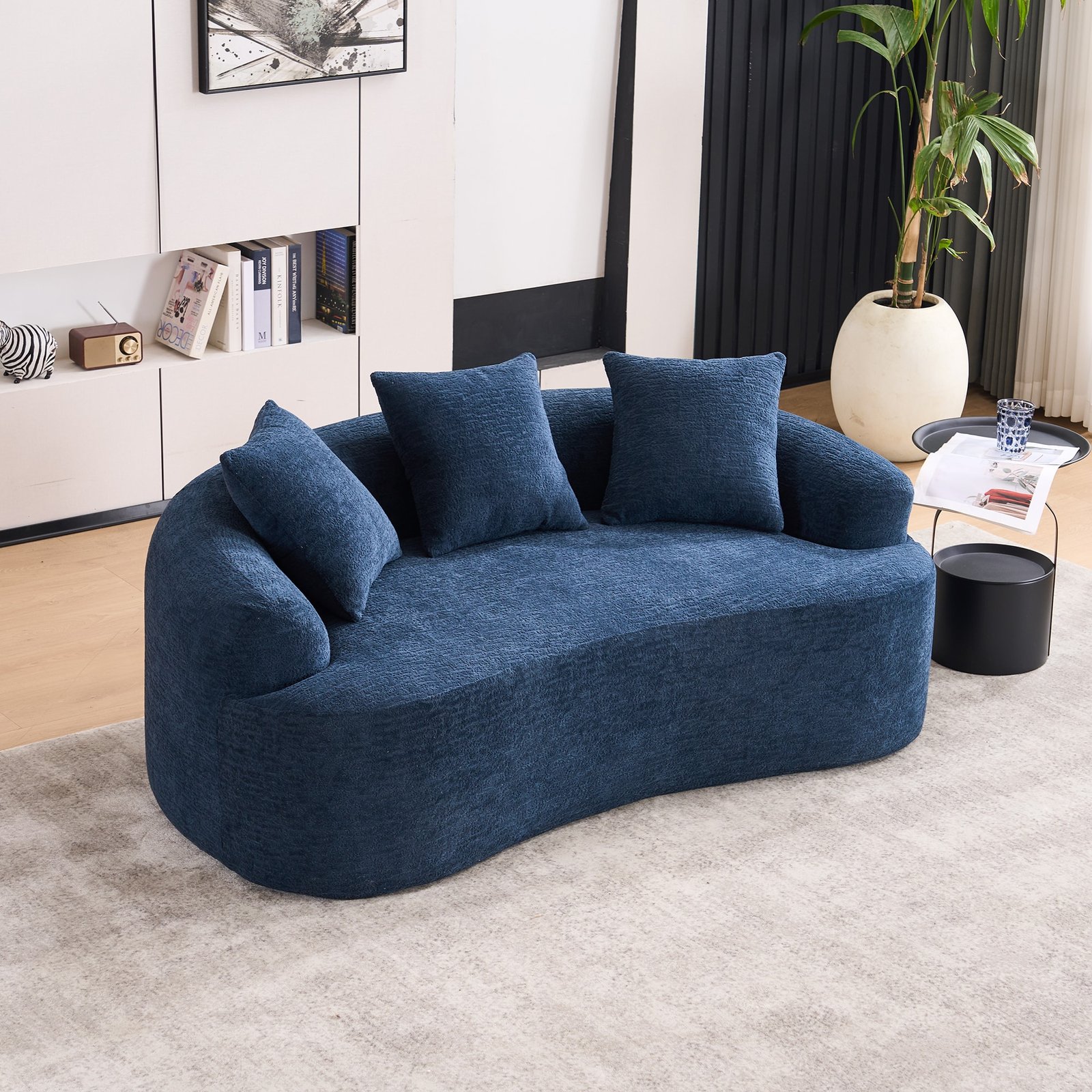 LY-025S Curved Loveseat Blue Full Compression Sponge Sofa Chenille Curved Loveseat with 3 Pillows - Blue - الصورة 1