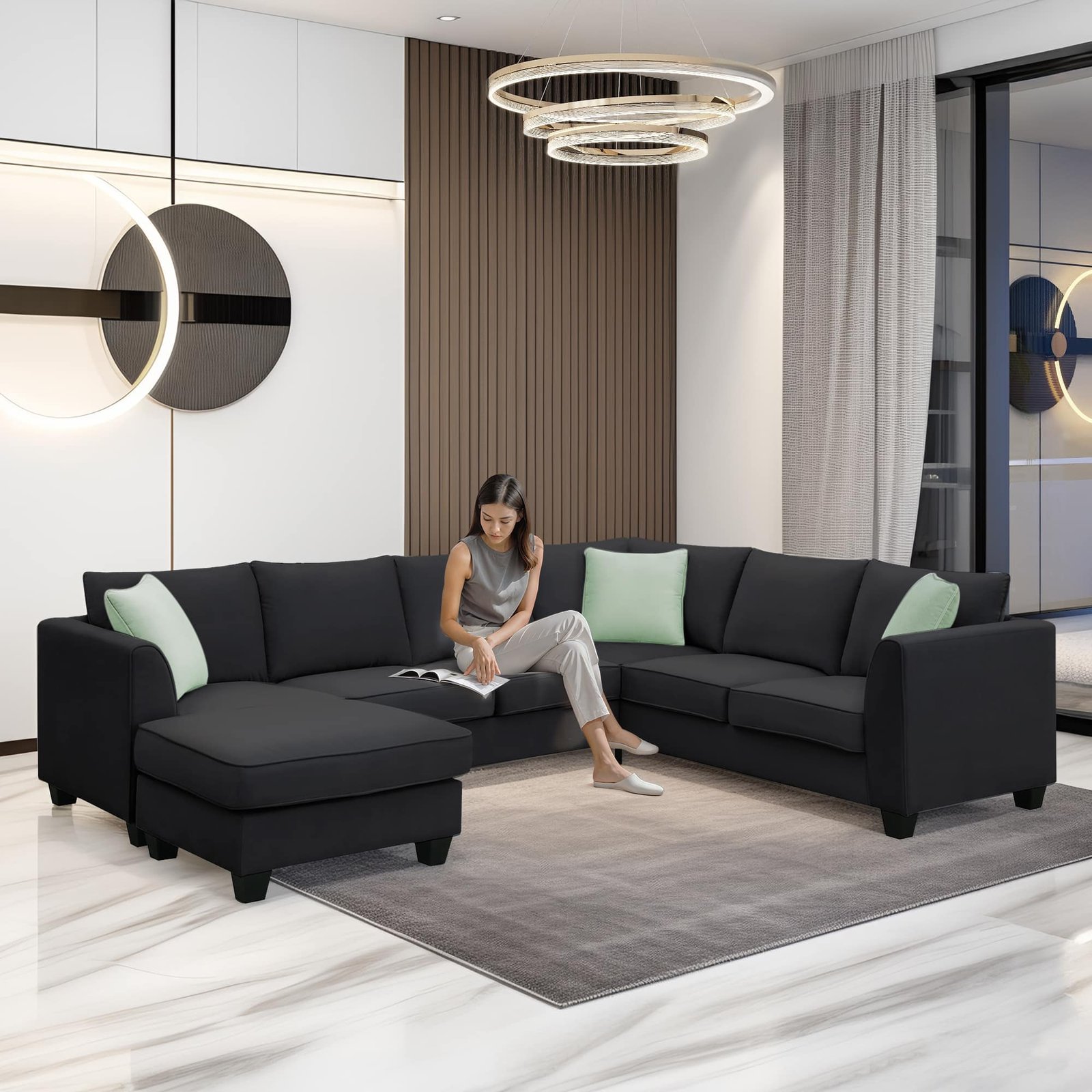 Polyester L-Shaped Modular Sofa Set with Removable Ottoman and 3 Pillows - Black