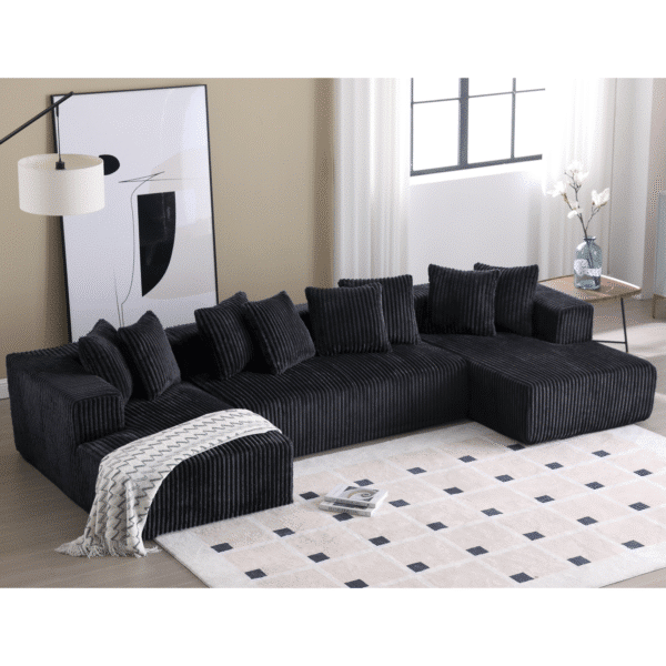 Striped Corduroy U-Shape Modular Sofa with Chaise Lounge - Black