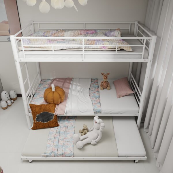 Heavy-duty Sturdy Meta Twin over Twin Bunk Bed/l/ Noise Reduced/ Safety Guardrail/No Box Spring Needed,White