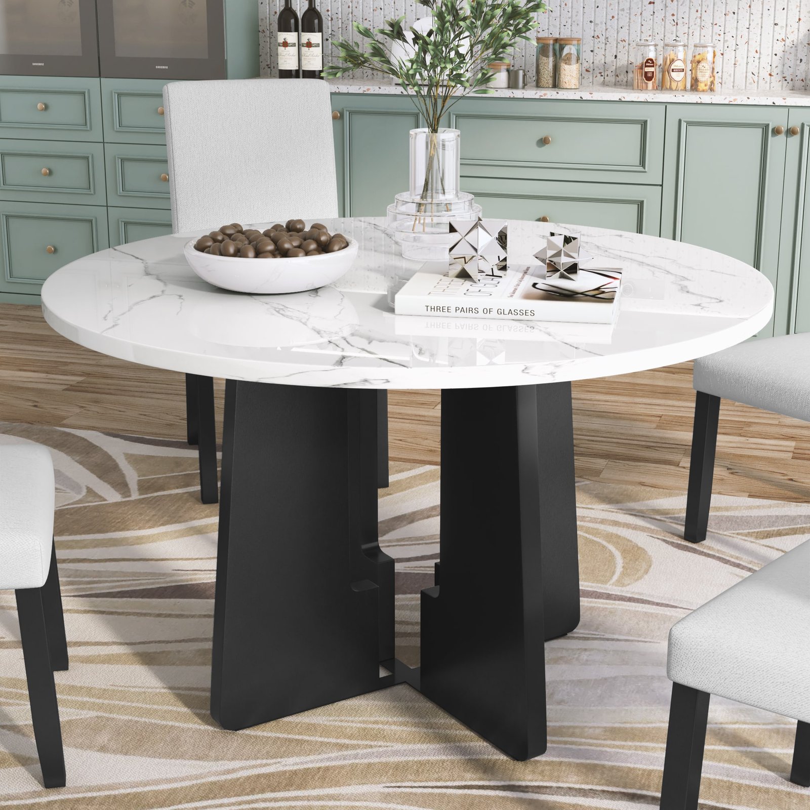Faux Marble Round Dining Table with Spacious Top for 4 - White