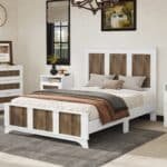 ⁦Wooden Platform Bed with Rustic Strip Decoration - White⁩ - الصورة ⁦2⁩