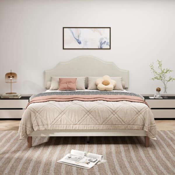 Upholstered Platform Bed with Adjustable Headboard - Queen - Beige