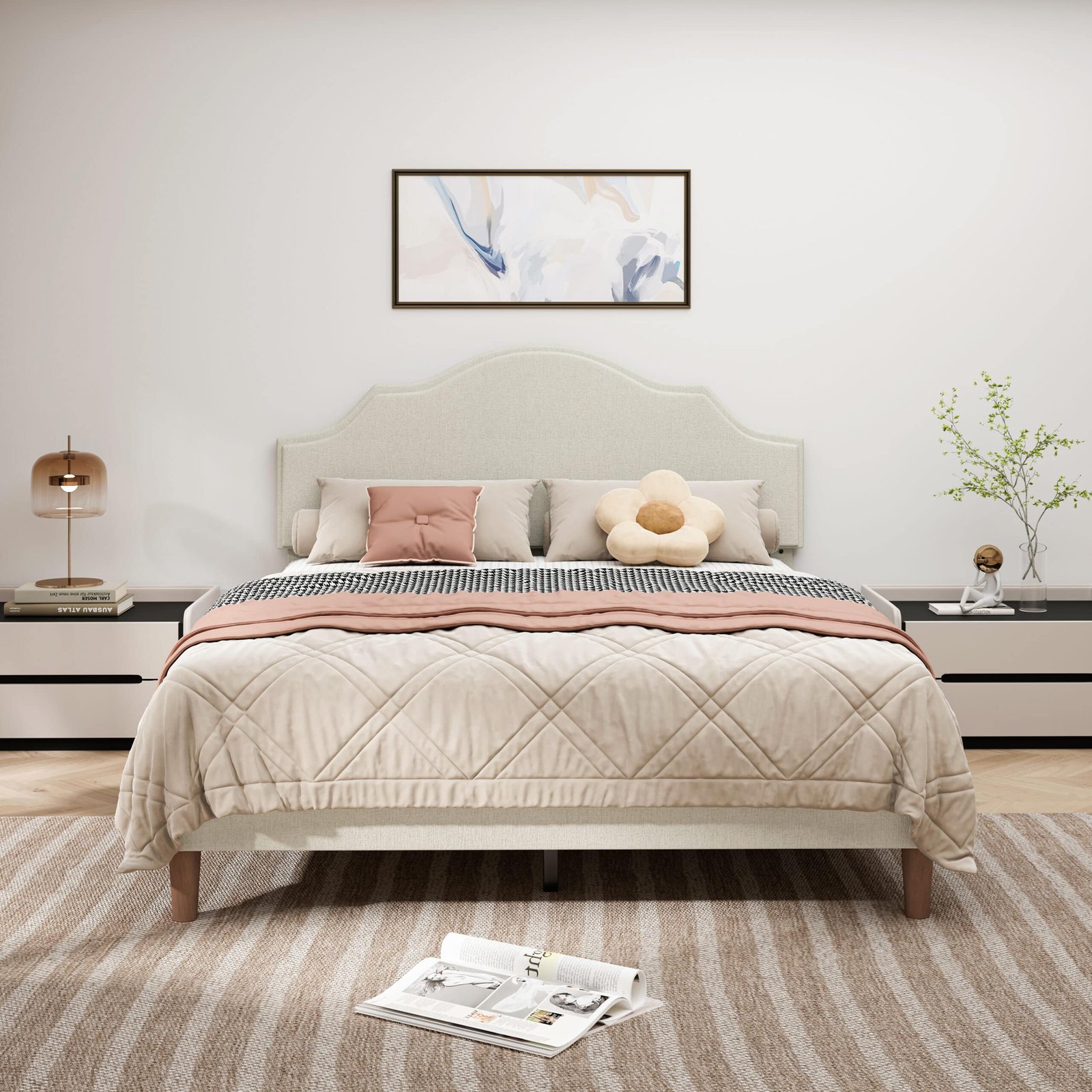 Upholstered Platform Bed with Adjustable Headboard - Queen - Beige