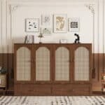 Walnut Pine Cabinet Bed – Space-Saving Murphy Bed with Power Station & Rattan Panel