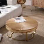Natural Pine Round Coffee Table with Carved Design and Metal Legs - Golden - Image 2