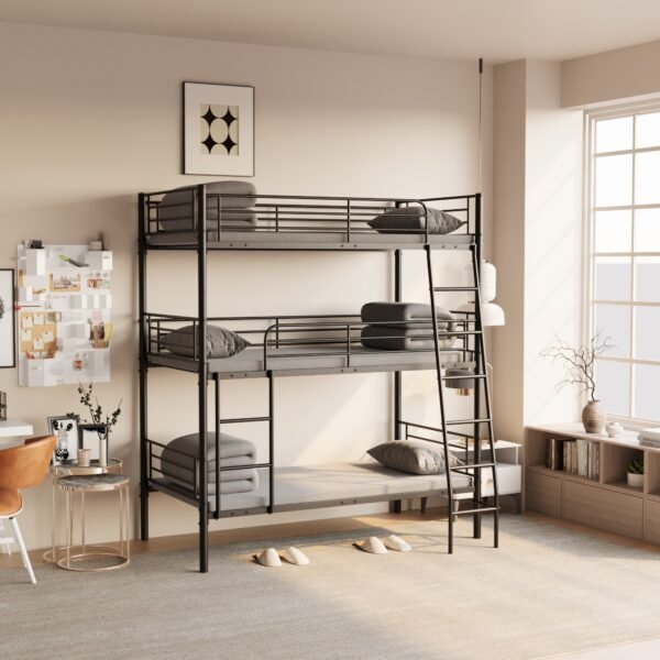 Bedroom dormitory twin size black metal triple bunk bed can be disassembled into three beds