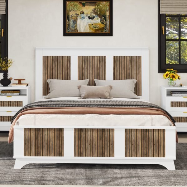 Farmhouse Wooden Platform Queen Size Bed, Modern Platform Bed with Wooden Strip Stickers Decoration, Plywood Slats Support, White