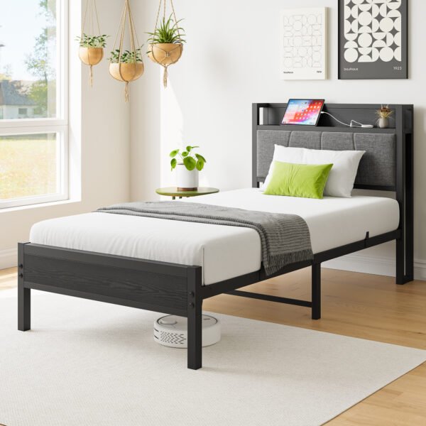 Twin Size Bed Frame, Storage Headboard with Charging Station, Solid and Stable, No Box Spring Needed, Easy Assembly