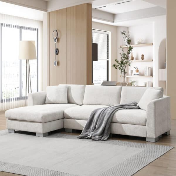 Chenille L-Shaped Sectional Sofa with Oversized Chaise and 2 Pillows - Gray