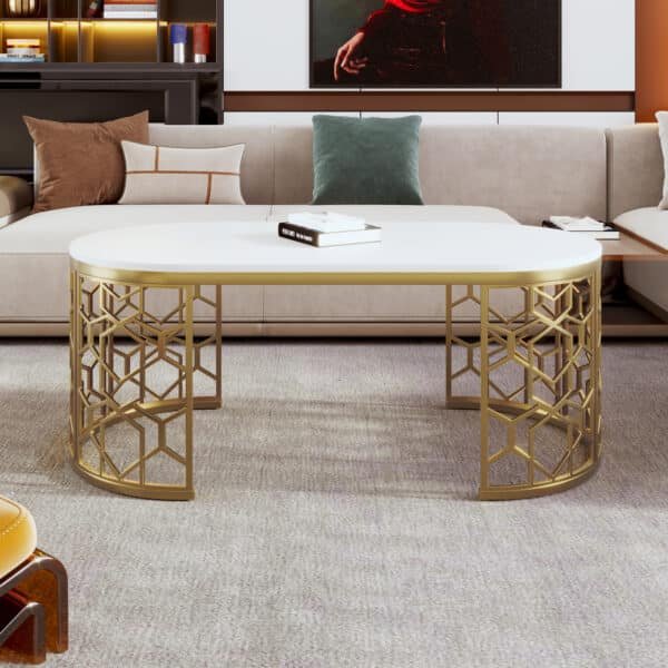 Modern Oval Coffee Table with Cut-Out Pattern Metal Frame - White and Gold
