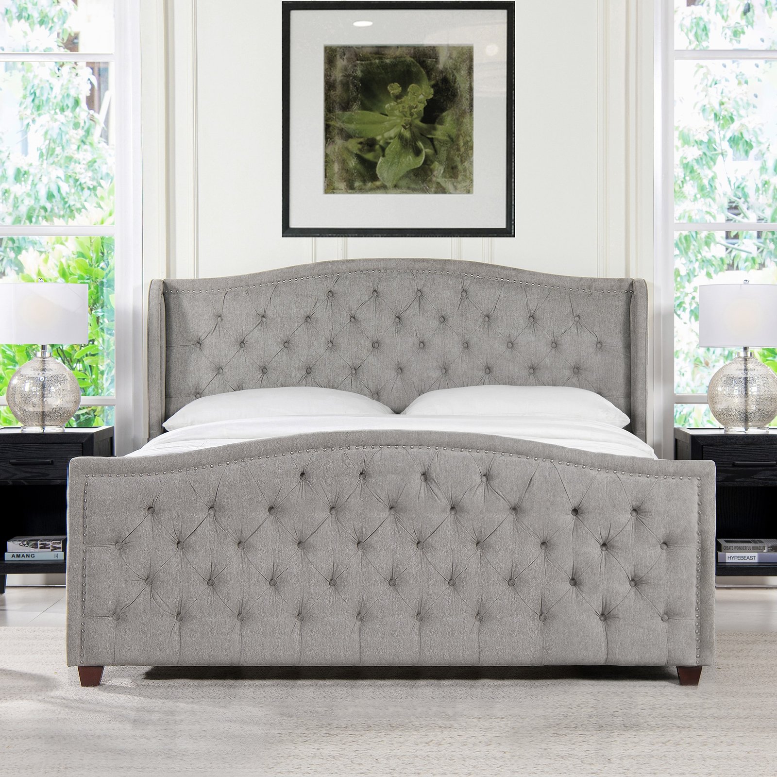 Upholstered Shelter Headboard Bed Set with Handcrafted Design - Silver Grey