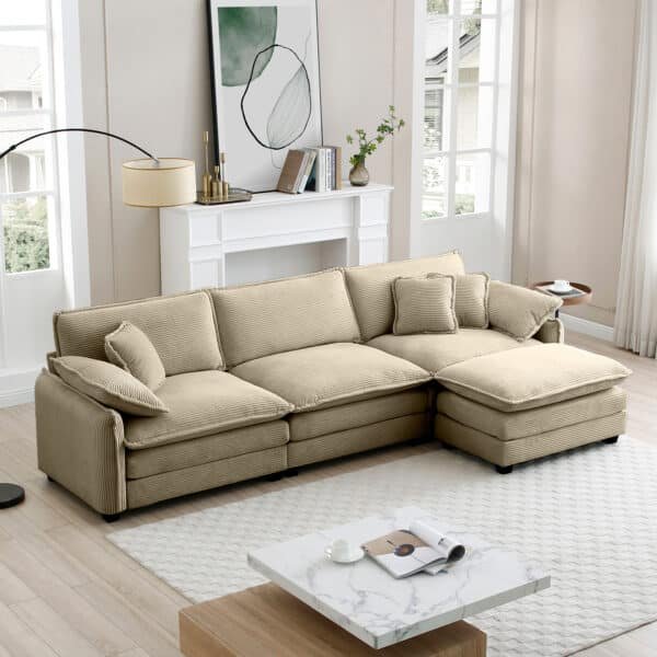 Corduroy L-Shaped Sectional Sofa with Ottoman - Tan