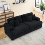 Corduroy 3-Seater Sofa with 4 Throw Pillows - Black