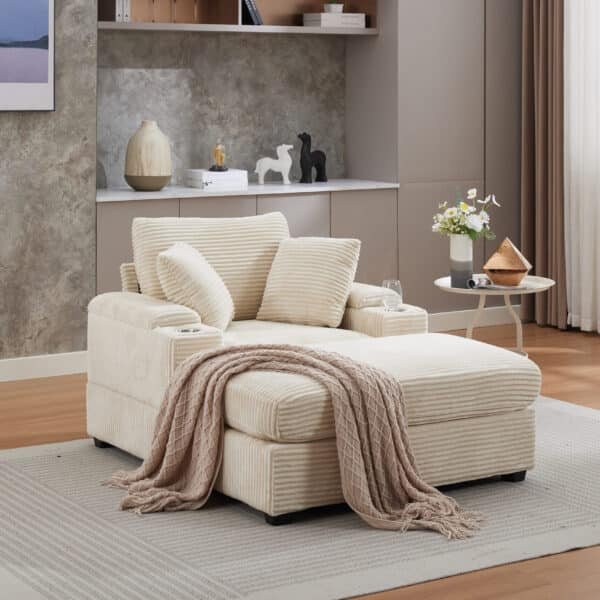 Wide Stripe Corduroy Chaise Lounge Sofa with Armrest Storage and Movable Ottoman - Available in 3 Colors