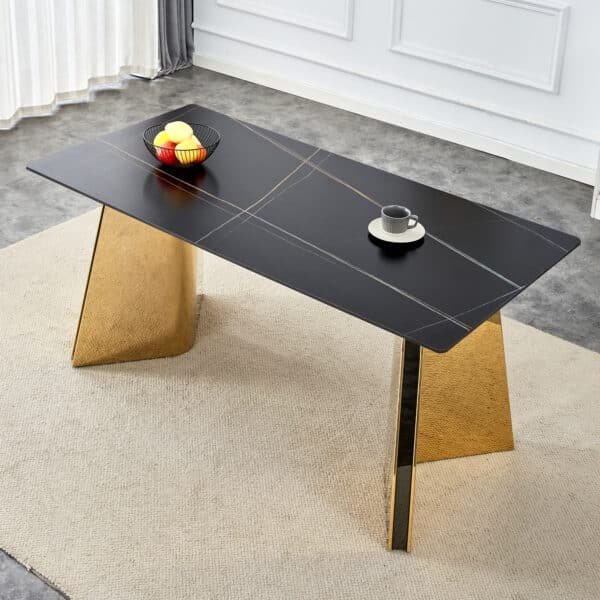 Black Marble-Patterned Rectangular Dining Table with Golden Stainless Steel Butterfly Legs