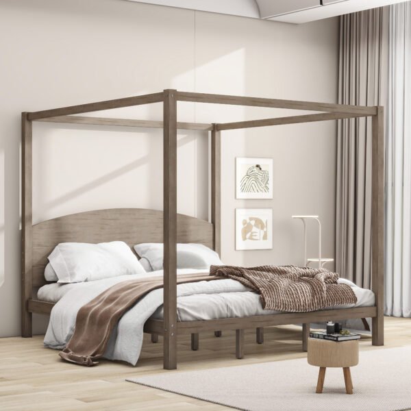 King Size Canopy Platform Bed with Headboard and Support Legs, Brown Wash