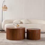 Handcrafted Wood Round Coffee Table with Elegant Relief Design - Natural Finish - Image 3