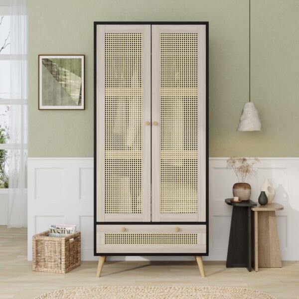 70.8" Tall Armoire Wardrobe Closet with 2 Rattan Doors & 1 Drawer, Boho Wooden Clothes Storage Cabinet with Hanging Rod for Bedroom, Natural+Black