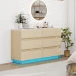 Fluted Modern Double Dresser with LED Lighting and Drawer Organizer - Natural with Marble Pattern - Image 2