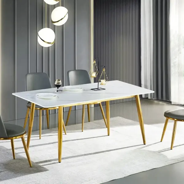 Gold Ornate Rectangular Dining Table, Modern Luxury Dining Room Furniture Set, Marble Dining Tables