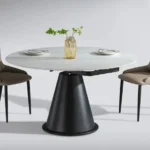 Slate and Tumbled Marble Round Dining Table with Stainless Steel Base - Elegant Design