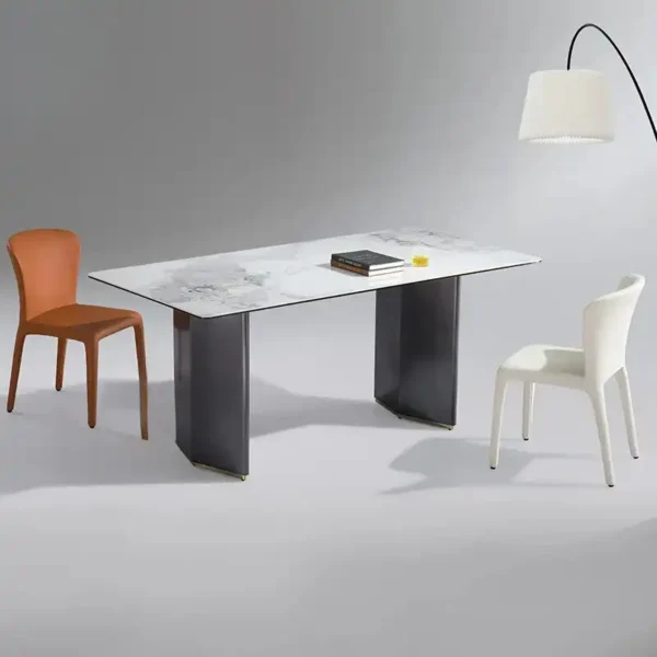 Italian Modern Double Base Dining Table Minimalist Style Glossy Rectangular Sintered Marble Stone Slate Top Designed Endfeet