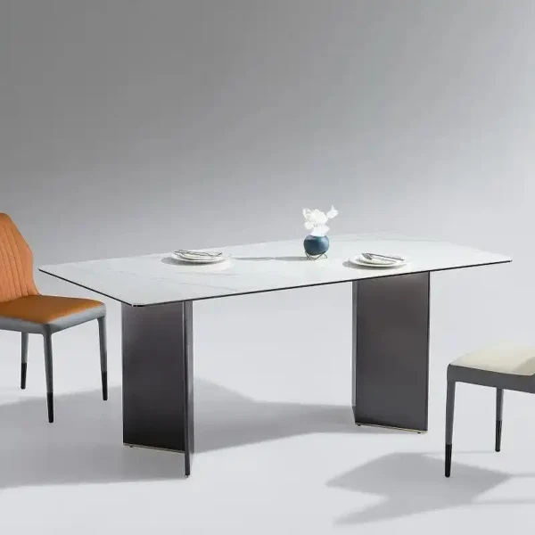 Minimalist Dining Tables Double Metal End Feet Base Rectangular Glossy Sintered Marble Stone Slate Dining Table