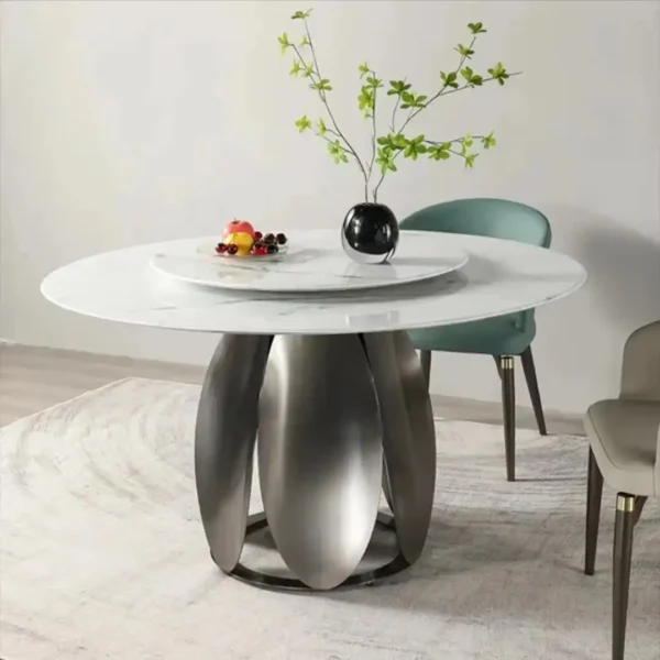 Italian Natural Colour Crystal Stone with Turntable Stainless Steel Titanium Grey Leaf Legs Home Round Rock Plate Dining Table