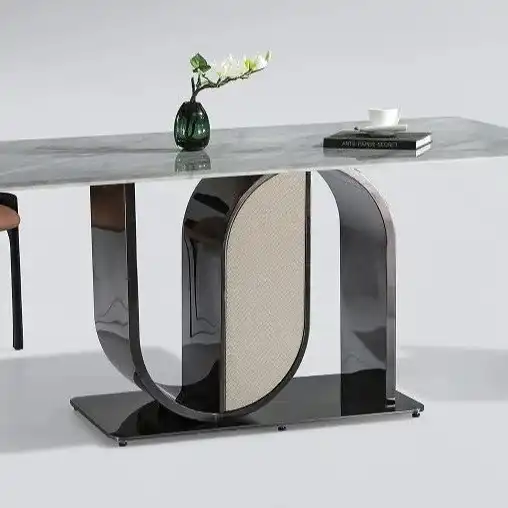 Double U-Shaped Stainless Steel Base Rectangular Dining Room Table With Glossy Sintered Marble Stone Slate Tabletop