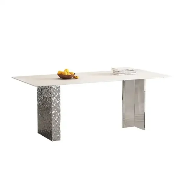 Elegant rectangular dining table made of polished marble stone with a stainless steel base, clear acrylic legs and a stainless steel base.