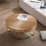 Natural Pine Round Coffee Table with Carved Design and Metal Legs - Golden - Image 3