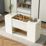 Glass-Top Island Vanity Dresser with Open Shelves and 6 Drawers - Cream - Image 2