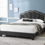 Wool Fabric Platform Bed with LED Headboard - Elegant Floral Design