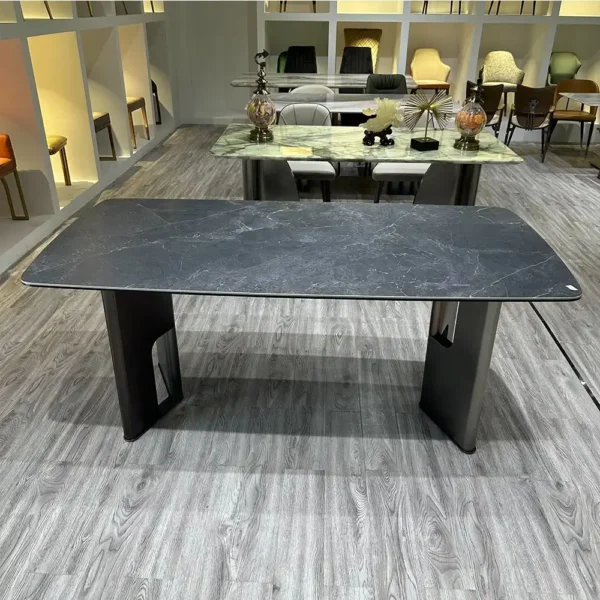 Luxury Scandinavian marble dining table with metal frame, black marble dining table, rectangular dining table with marble top