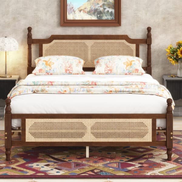 Elegant Rattan Bed with Walnut Finish – Perfect for Stylish Bedrooms